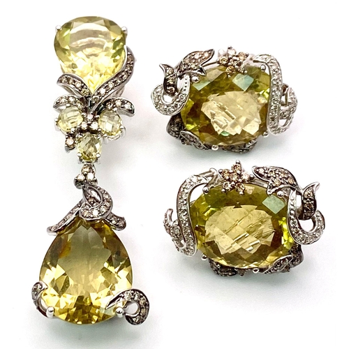 1751 - A SENSATIONAL VINTAGE CITRINE AND DIAMOND PENDANT AND EARRING SET IN 18K WHITE GOLD  34.6gms    0111... 