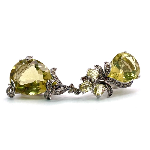 1751 - A SENSATIONAL VINTAGE CITRINE AND DIAMOND PENDANT AND EARRING SET IN 18K WHITE GOLD  34.6gms    0111... 