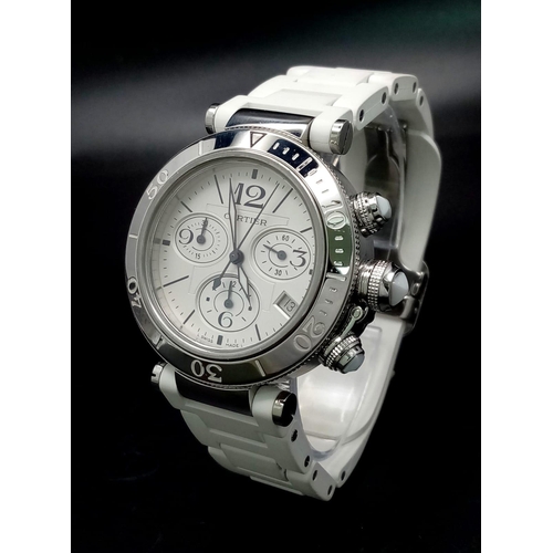 1534 - A Pasha de Cartier Automatic Ladies Chronograph Watch. White rubber strap. Stainless steel case - 37... 