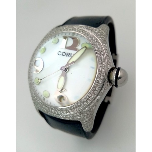 1660 - A Corum Boutique Diamond Ladies Watch. Black leather strap. Stainless steel diamond encrusted case. ... 