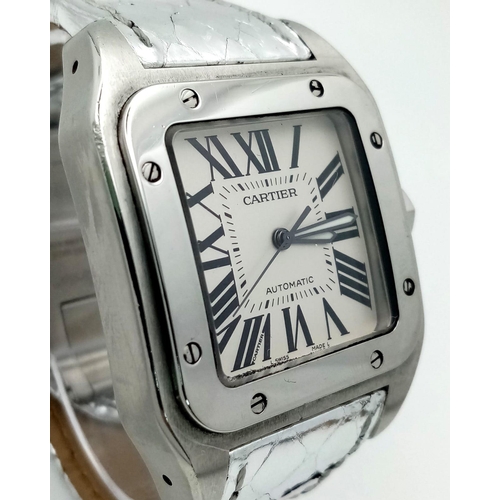 1639 - Stainless Steel Cartier Santos 100 Men's Watch with dazzling silver leather strap. 40mm, water resis... 