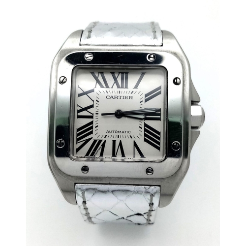 1639 - Stainless Steel Cartier Santos 100 Men's Watch with dazzling silver leather strap. 40mm, water resis... 