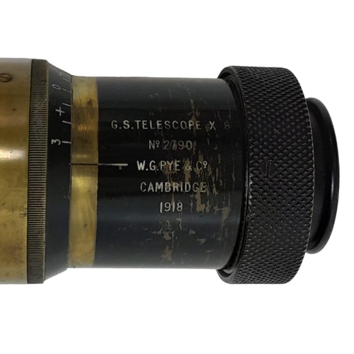 1640 - A British Army WW1 Gun Sighting Telescope. Markings of: G.S. Telescope X. No 2790. W.G. Pye and Co. ... 