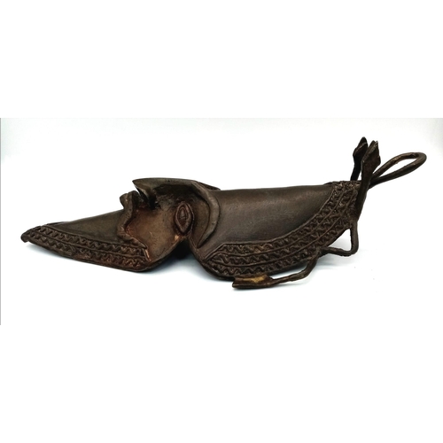 1753 - An Unusual Antique Bronze Tribal Oval Shaped African Mask. 
Serpent decoration at crown. 32cm x 14cm... 