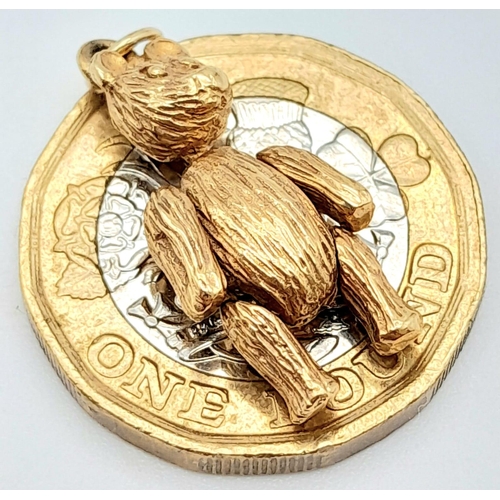 1013 - A Vintage 9K Yellow Gold Articulated Teddy Bear Pendant/Charm. 2.5cm. 3.45g weight.