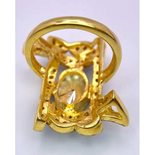 105 - A spectacular antique silver and gold ring with a large natural, uncut diamond (3 carats appr.) surr... 