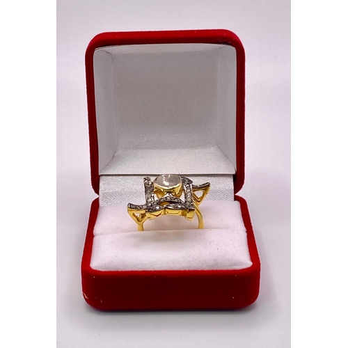 105 - A spectacular antique silver and gold ring with a large natural, uncut diamond (3 carats appr.) surr... 