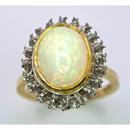 107 - A Vintage 18K Yellow and White Gold, Opal Ring. Central opal cabochon with excellent colour-play. Si... 