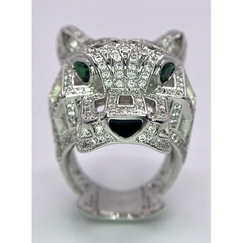 119 - A very impressive, silver PANTHER ring in the style of French designer with hundreds of cubic zircon... 