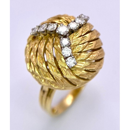 148 - A Unique, Vintage 18K Yellow Gold and Diamond Honeycomb Swirl Dress Ring. Three directional rich gol... 