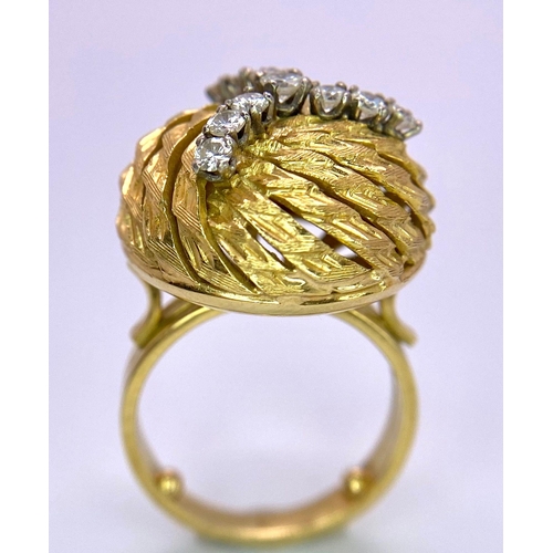 148 - A Unique, Vintage 18K Yellow Gold and Diamond Honeycomb Swirl Dress Ring. Three directional rich gol... 