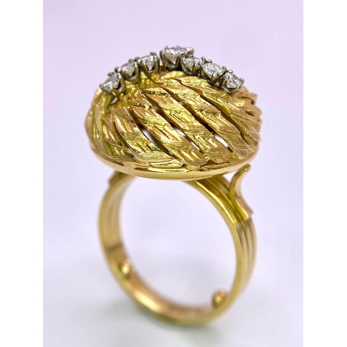 148 - A Unique, Vintage 18K Yellow Gold and Diamond Honeycomb Swirl Dress Ring. Three directional rich gol... 