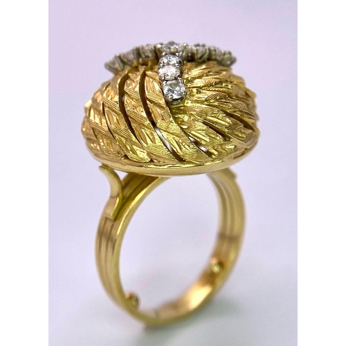 148 - A Unique, Vintage 18K Yellow Gold and Diamond Honeycomb Swirl Dress Ring. Three directional rich gol... 