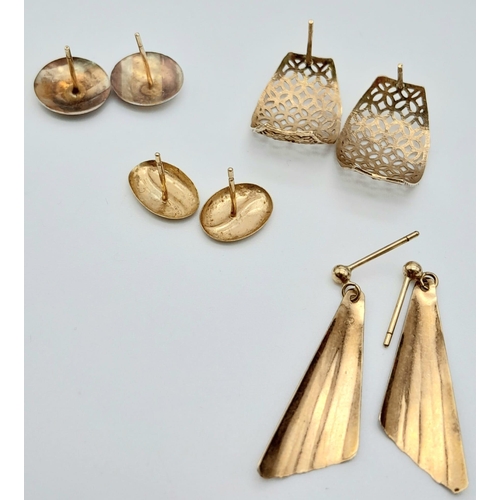 1683 - Four Pairs of Different Style 9K Gold Earrings. No backs. 2.55g total weight.