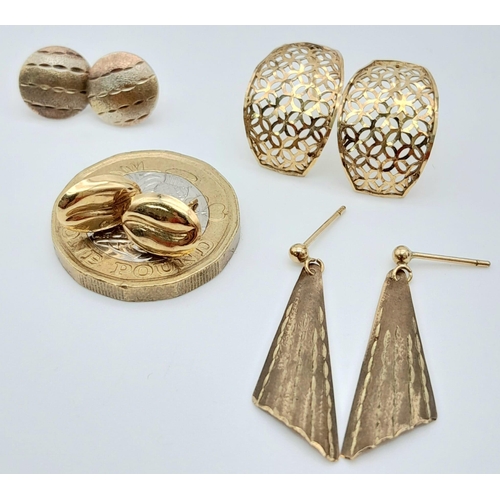 1683 - Four Pairs of Different Style 9K Gold Earrings. No backs. 2.55g total weight.