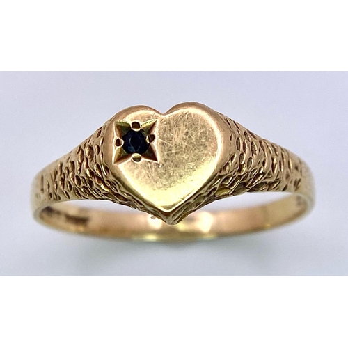 1732 - A Vintage 9K Yellow Gold Heart Signet Ring. Small blue gemstone decoration. Size N. 1.35g total weig... 