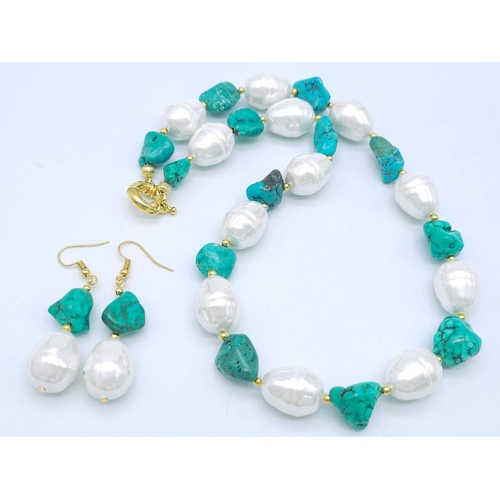 238 - A modern baroque shell pearl and turquoise nuggets necklace and earrings set. Necklace length: 51 cm... 