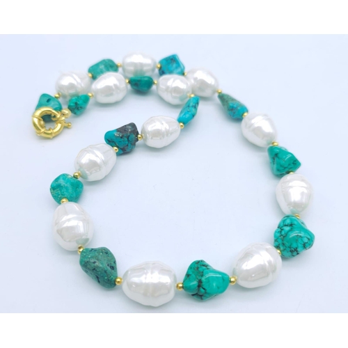 238 - A modern baroque shell pearl and turquoise nuggets necklace and earrings set. Necklace length: 51 cm... 