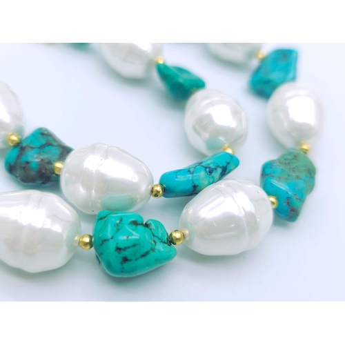 238 - A modern baroque shell pearl and turquoise nuggets necklace and earrings set. Necklace length: 51 cm... 