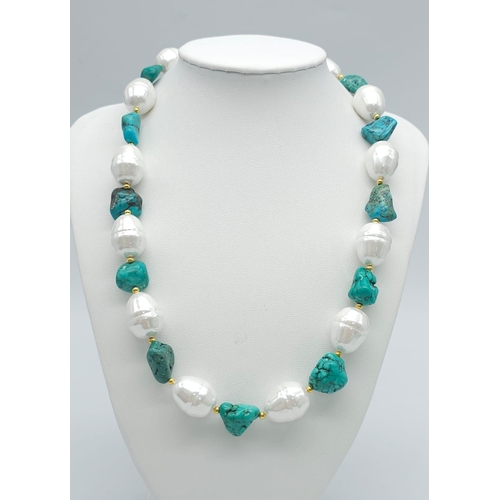 238 - A modern baroque shell pearl and turquoise nuggets necklace and earrings set. Necklace length: 51 cm... 