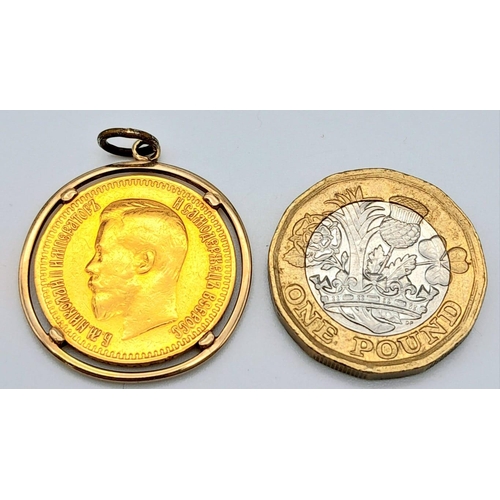 44 - A Rare 1897 Russian Nikolai II 900 (21.6K) Gold 7.5 Rouble Coin in a 9K Pendant Casing. 7.77g total ... 