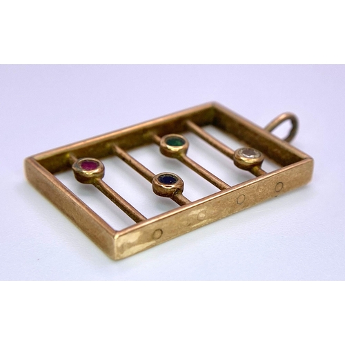 638 - A Charming 9K Yellow Gold and Gemstone Abacus Pendant. Diamond, emerald, ruby and sapphire counters!... 