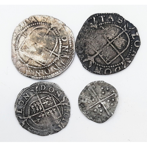 695 - Four Elizabeth I Silver Hammered Coins - 2 x 2d, 1 x 1d and 1 x 1/2d. Please see photos for conditio... 