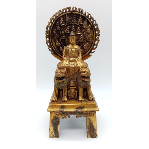 1563 - Rare and unusual Antique Chinese Gilt Bronze Statue of a Seated Buddha protected on each side by Mys... 