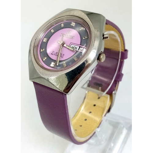 1668 - A Funky Vintage Ricoh 21 Jewel Automatic Watch. Purple leather strap. Case - 37mm. Two tone purple d... 