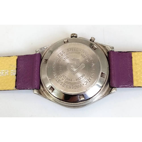 1668 - A Funky Vintage Ricoh 21 Jewel Automatic Watch. Purple leather strap. Case - 37mm. Two tone purple d... 