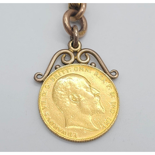 1 - A 1910 Edward VII Full Gold 22k Sovereign - Encased in 9k Gold - Hanging on a Converted 9K Gold Anti... 