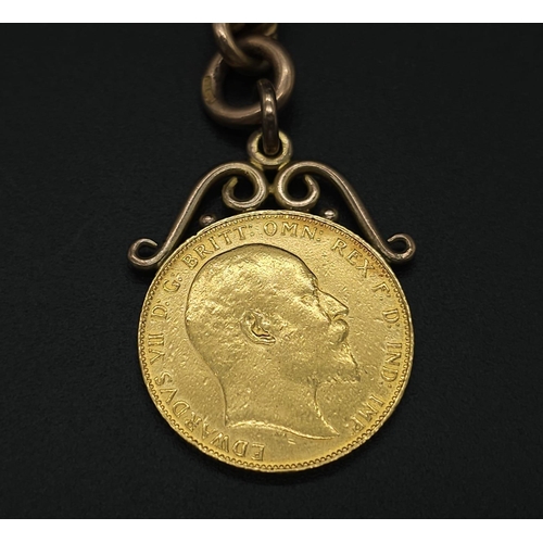 1 - A 1910 Edward VII Full Gold 22k Sovereign - Encased in 9k Gold - Hanging on a Converted 9K Gold Anti... 