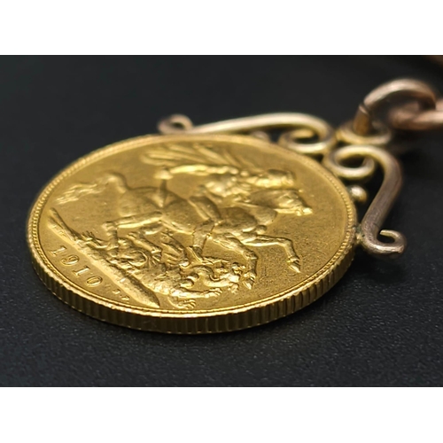 1 - A 1910 Edward VII Full Gold 22k Sovereign - Encased in 9k Gold - Hanging on a Converted 9K Gold Anti... 