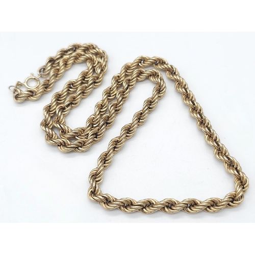 492 - A Vintage 9K Yellow Gold Rope Necklace. 50cm. 9.5g weight.