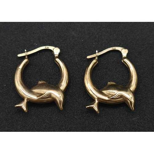 687 - A Vintage Pair of 9K Yellow Gold Dolphin Hoop Earrings! 1g total weight.