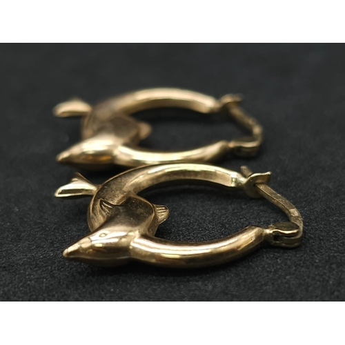 687 - A Vintage Pair of 9K Yellow Gold Dolphin Hoop Earrings! 1g total weight.