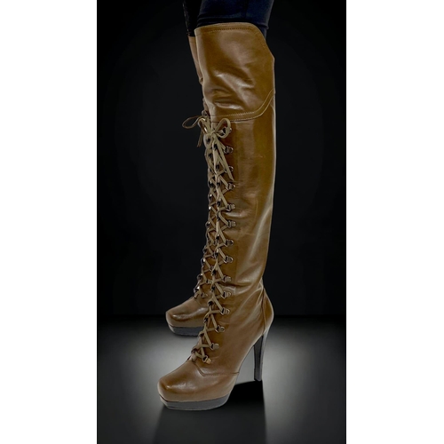 443 - A Pair of Brown Stuart Weitzman Ultrastuart Over the Knee Boots, 2cm Platform, Heel height 12cm , US... 