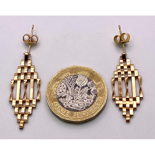 1037 - A Pair of 9K Yellow Gold Gate-Drop Earrings. 3cm drop. 1.8g total weight.