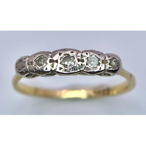 1072 - An Antique 18K Yellow Gold and Five Stone Diamond Ring. Size I. 1.42g total weight.