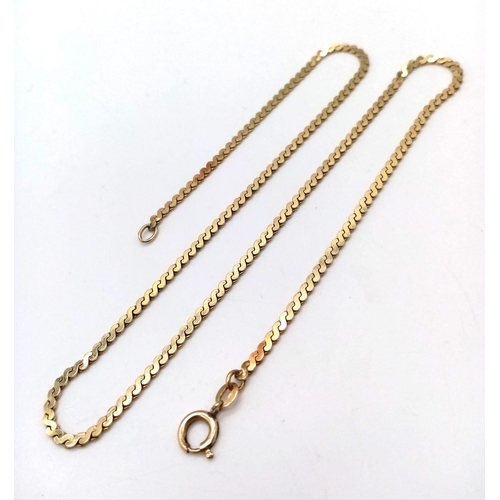 1079 - An Italian 14K Yellow Gold Flat S-Link Necklace. 43cm length. 8.67g weight. Note: Clasp, with minima... 