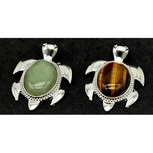 1086 - Two Gemstone Turtle Pendants - Jade and Tigers Eye. 5cm x 4cm.