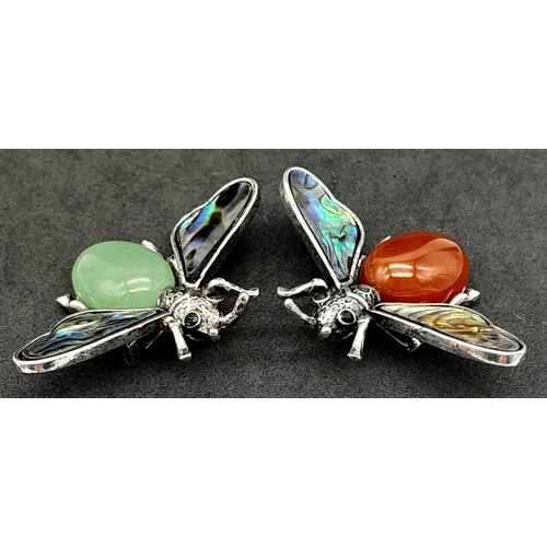 1107 - Two Gemstone Bee Brooches - Jade and Carnelian with Decorative Shell Wings. 5.5cm wingspan.