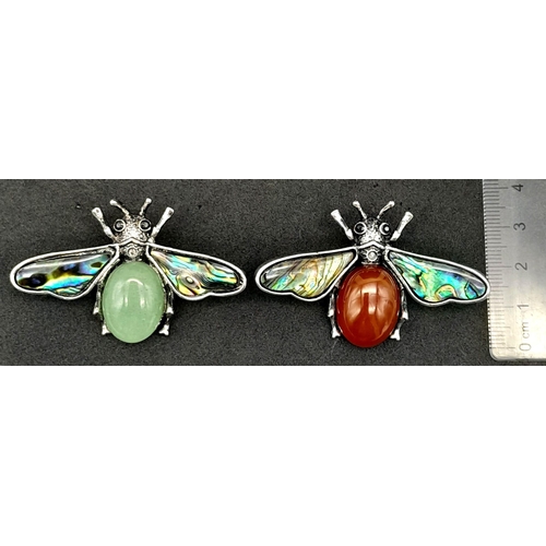 1107 - Two Gemstone Bee Brooches - Jade and Carnelian with Decorative Shell Wings. 5.5cm wingspan.