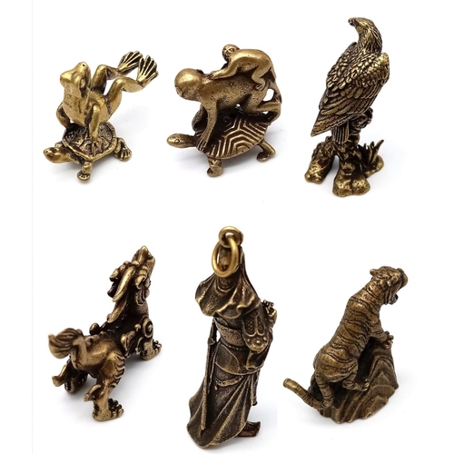 1736 - Collection of 6 Brass Figurines. 
Featuring Monkeys on Turtle, a Dragon, Tiger, Hawk, a Ancient Man ... 