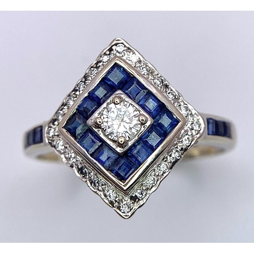 253 - A Platinum, Diamond and Sapphire Ring. Central round cut diamond with a square cut sapphire and furt... 