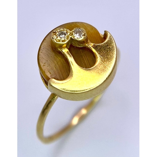 463 - An 18K Yellow Gold, Tigers Eye and Diamond Recreation of 'The Owl and the Pussycat' Ring - 