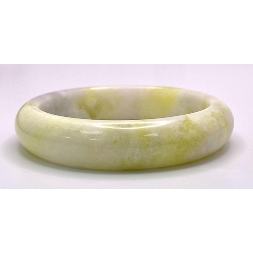 485 - A Green and White Chinese Jade Bangle. 6cm inner diameter. 15mm width.