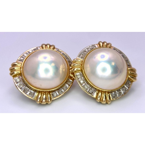 78 - A Pair of Very Attractive 14K Yellow Gold, Pearl and Diamond Earrings. Two South Sea Pearl Cabochons... 