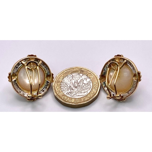 78 - A Pair of Very Attractive 14K Yellow Gold, Pearl and Diamond Earrings. Two South Sea Pearl Cabochons... 