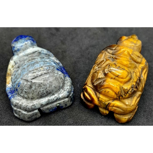 780 - Two Very Lovable Tortoise Figurines - Lapis Lazuli and Tigers Eye. 4.5cm x 4cm.